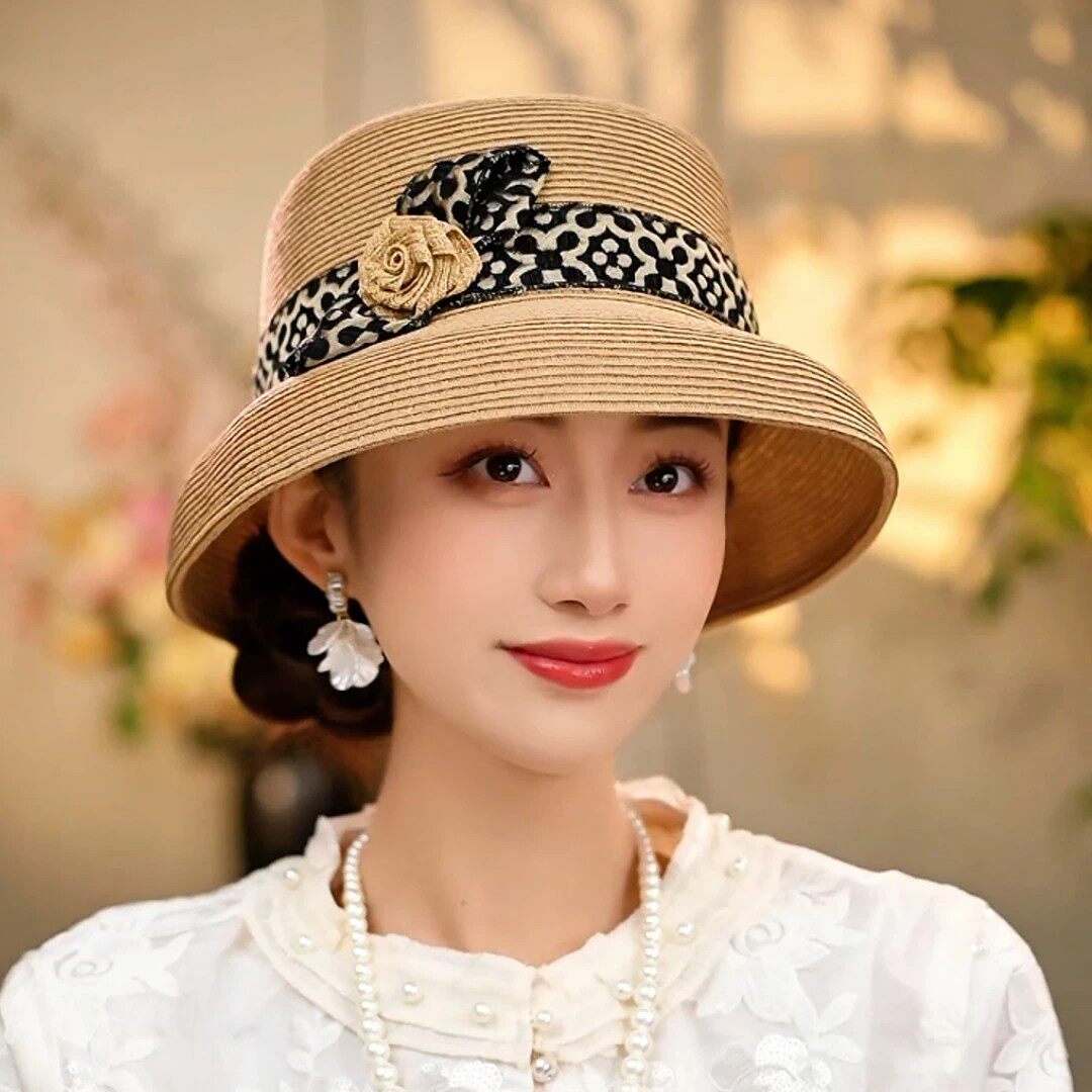 优雅草帽女夏季赫本帽赫本宽檐蝴蝶结遮阳帽防晒度假帽子女太阳帽