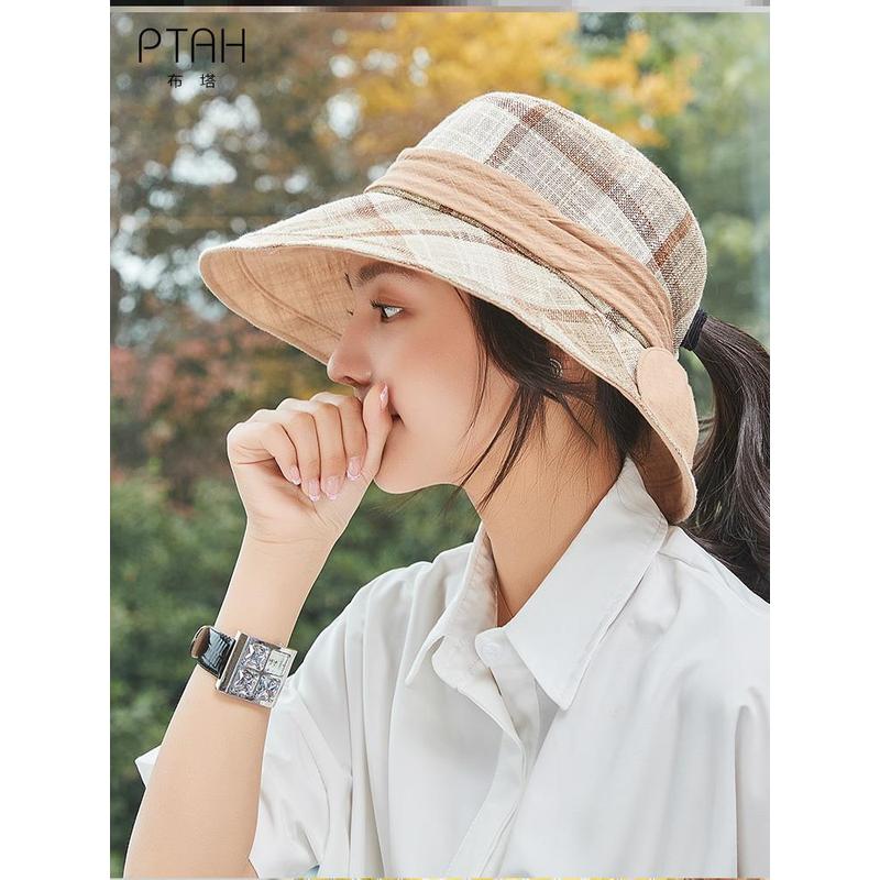 布塔渔夫帽女防晒防紫外线夏季户外可折叠格子太阳帽结马尾帽子