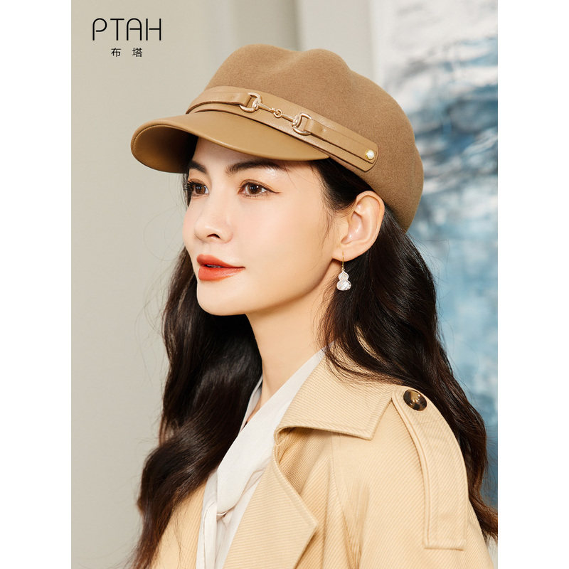 布塔新款贝雷帽女百搭时尚八角帽简约韩版PU皮帽秋冬季帽子鸭舌帽