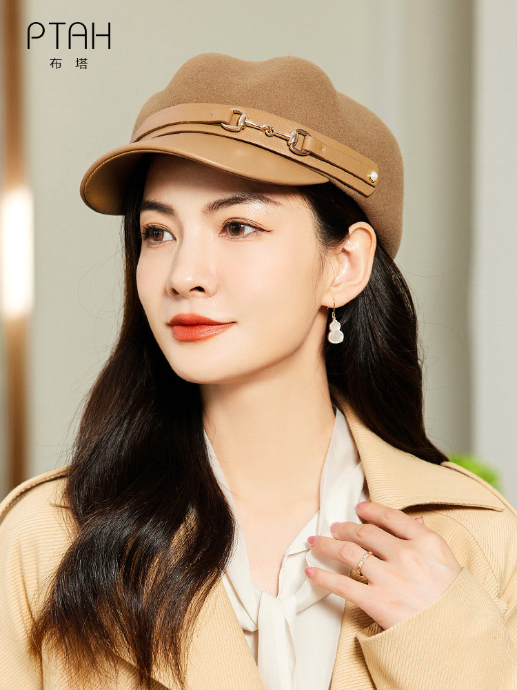 布塔秋冬季新款贝雷帽女百搭时尚八角帽简约鸭舌帽PU皮帽子报童帽