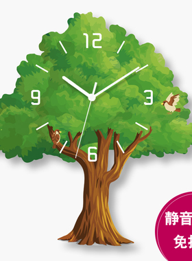 挂钟免打孔清新简约大树客厅卧室北欧现代挂墙时钟超静音创意钟表