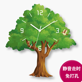 挂钟免打孔清新简约大树客厅卧室北欧现代挂墙时钟超静音创意钟表