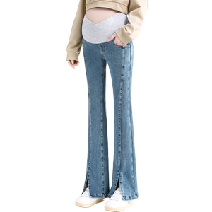 孕妇牛仔喇叭裤秋季薄款外穿托腹弹力显瘦长裤大码秋装微喇裤春秋
