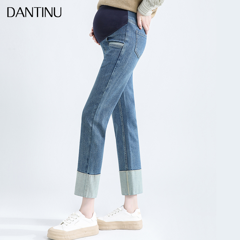 孕妇裤子外穿牛仔裤托腹时尚宽松小个子女九分卷边直筒裤大码长裤