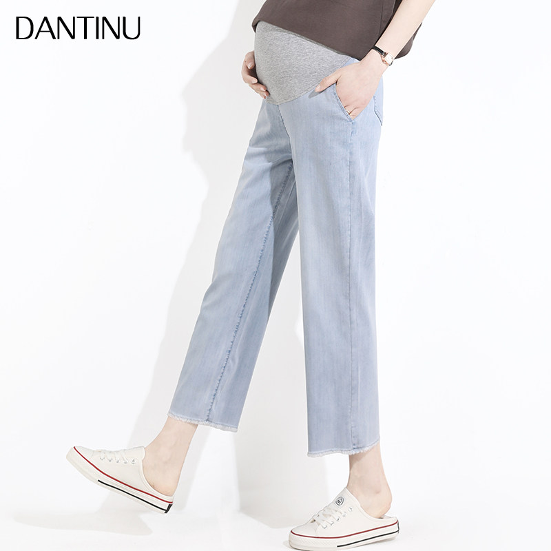 孕妇牛仔直筒裤九分女夏季薄款外穿宽松阔腿大码天丝八分托腹秋季