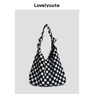 棋盘格包针织帆布黑白格子包女复古腋下包大容量单肩包