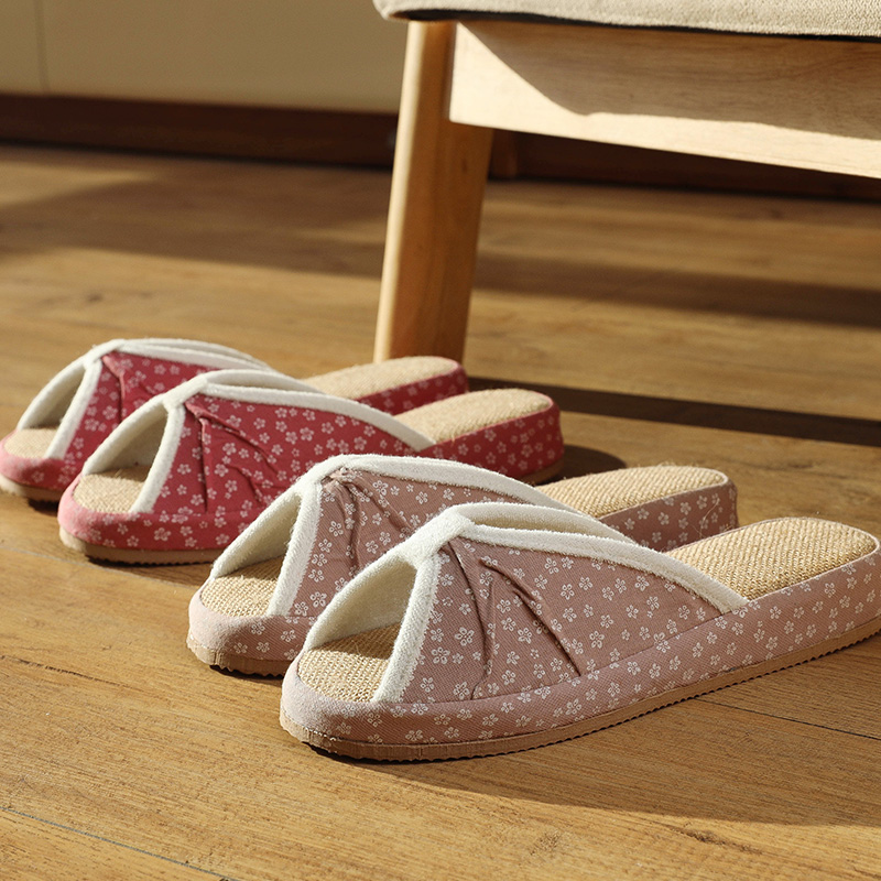 日式小碎花亚麻拖鞋女春秋