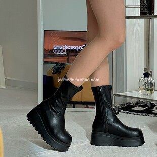 韩版 圆头厚底松糕侧拉链拼接学院时尚 短靴 新款 小池在首尔2025秋季