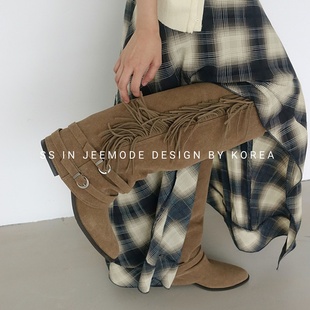 小池在首尔秋冬新款 管靴女 复古流苏西部牛仔靴不过膝长筒皮带扣裤