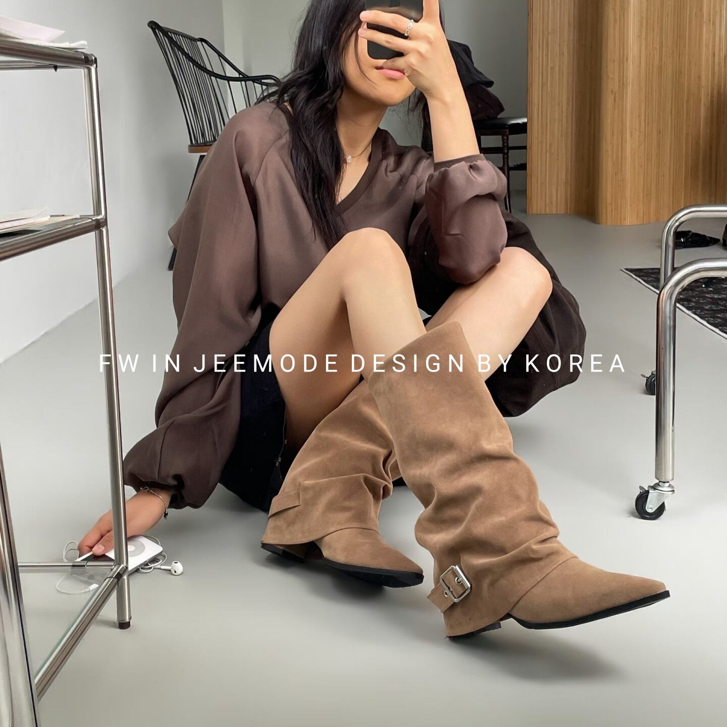 尖头皮带扣百搭西部中筒堆堆靴女