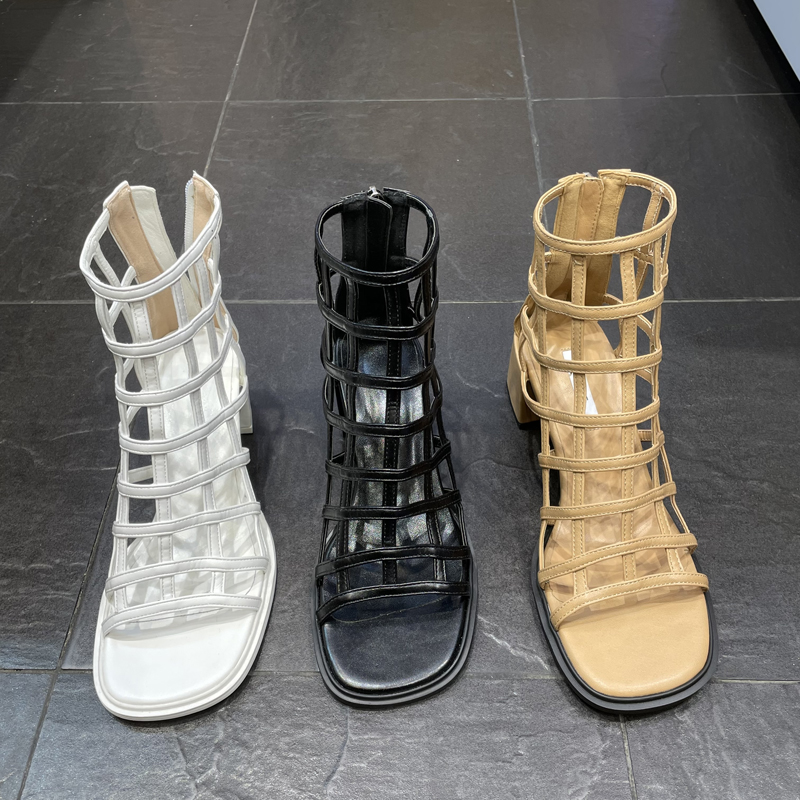 女鞋小池在首尔粗跟后拉链凉靴