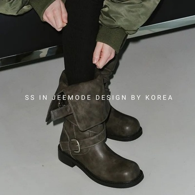 复古百搭翻边两穿皮带扣机车靴女