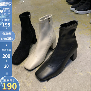 韩国东大门女鞋22秋冬新款欧美简约侧拉链方头粗跟中跟短靴子单靴