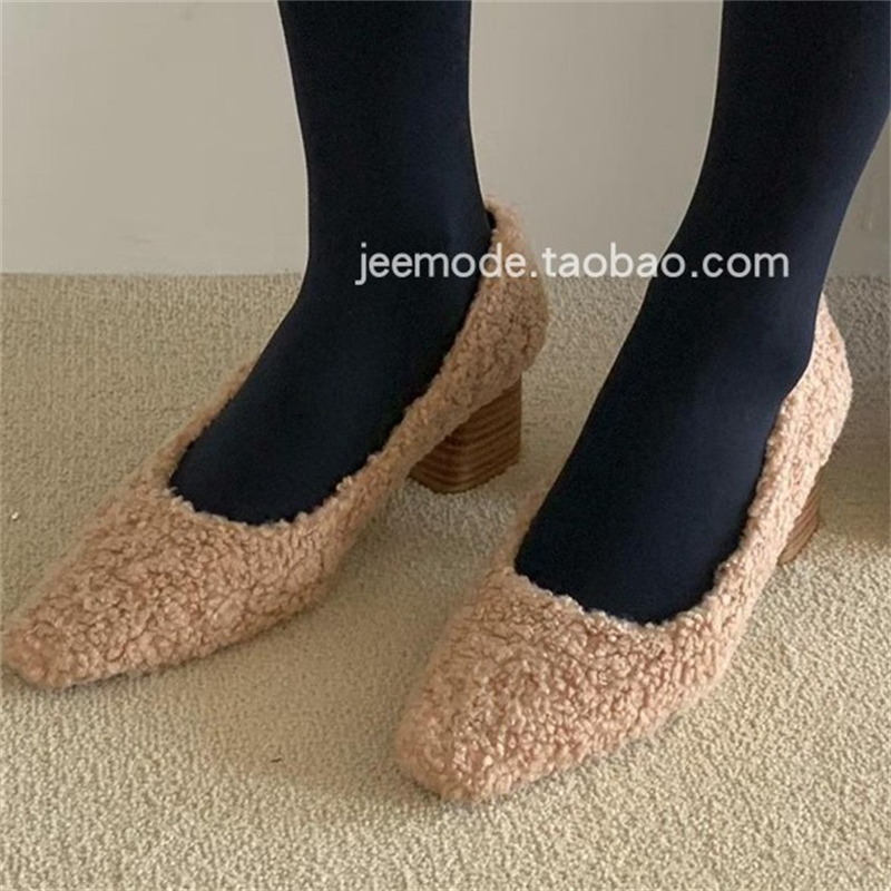 小池在首尔简约高跟通勤毛毛鞋