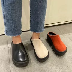 小池在首尔韩版休闲大头女鞋2025年秋季中口绒面中跟厚底包头拖鞋