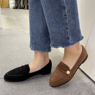 乐福鞋女2023新款小池在首尔秋季尖头浅口平底休闲复古绒面豆豆鞋