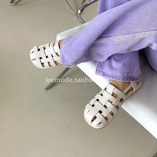 小池在首尔2023年夏季新款休闲大头女鞋编织绊带chic平底罗马凉鞋