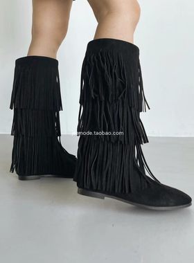 欧美风时装靴粗跟流苏