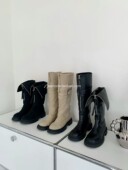 小池在首尔2025冬季 圆头拉链方跟欧美风皮带扣厚底拼接高筒靴 新款