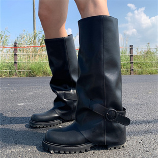 小池在首尔24年新款 管ins网红圆头粗高跟套筒直筒长靴 街头潮酷裤