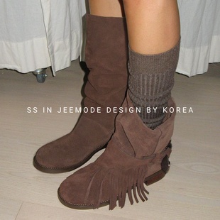 多穿女靴 小众设计流苏绒面皮带扣复古一鞋 小池在首尔25年秋季 新款