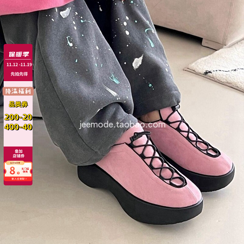 鞋子女小池2023春新款个性绑带休闲鞋圆头深口厚底W增高绒面单鞋