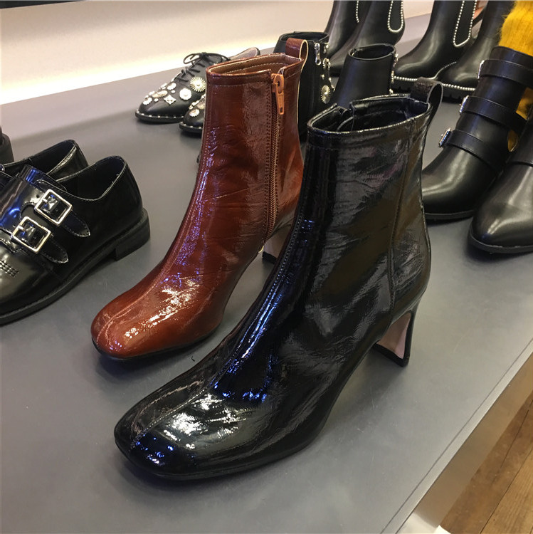 韩国东大门女鞋24年秋冬新款漆皮粗跟方头侧拉链纹理休闲短靴子,女鞋,时装靴,淘宝优惠券,粉丝福利购,淘宝优惠卷