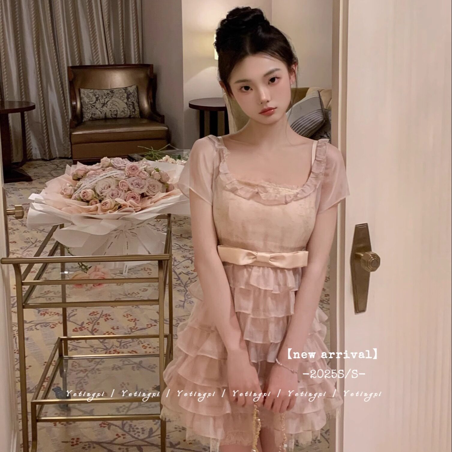 YETINGXI 落樱/古早千金感蛋糕连衣裙日系假两件甜美蝴蝶结短裙粉