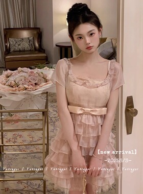 YETINGXI 落樱/古早千金感蛋糕连衣裙日系假两件甜美蝴蝶结短裙粉