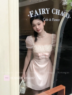 蝴蝶结泡泡袖 YETINGXI蜜桃奶油 连衣裙甜美少女生日公主裙