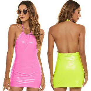 背心裙 U领露肩仿皮包臀短款 性感无袖 露背挂脖系带漆皮连衣裙