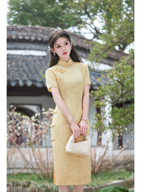 cheongsam chinese traditional qipao dress旗袍鹅黄色高端气质