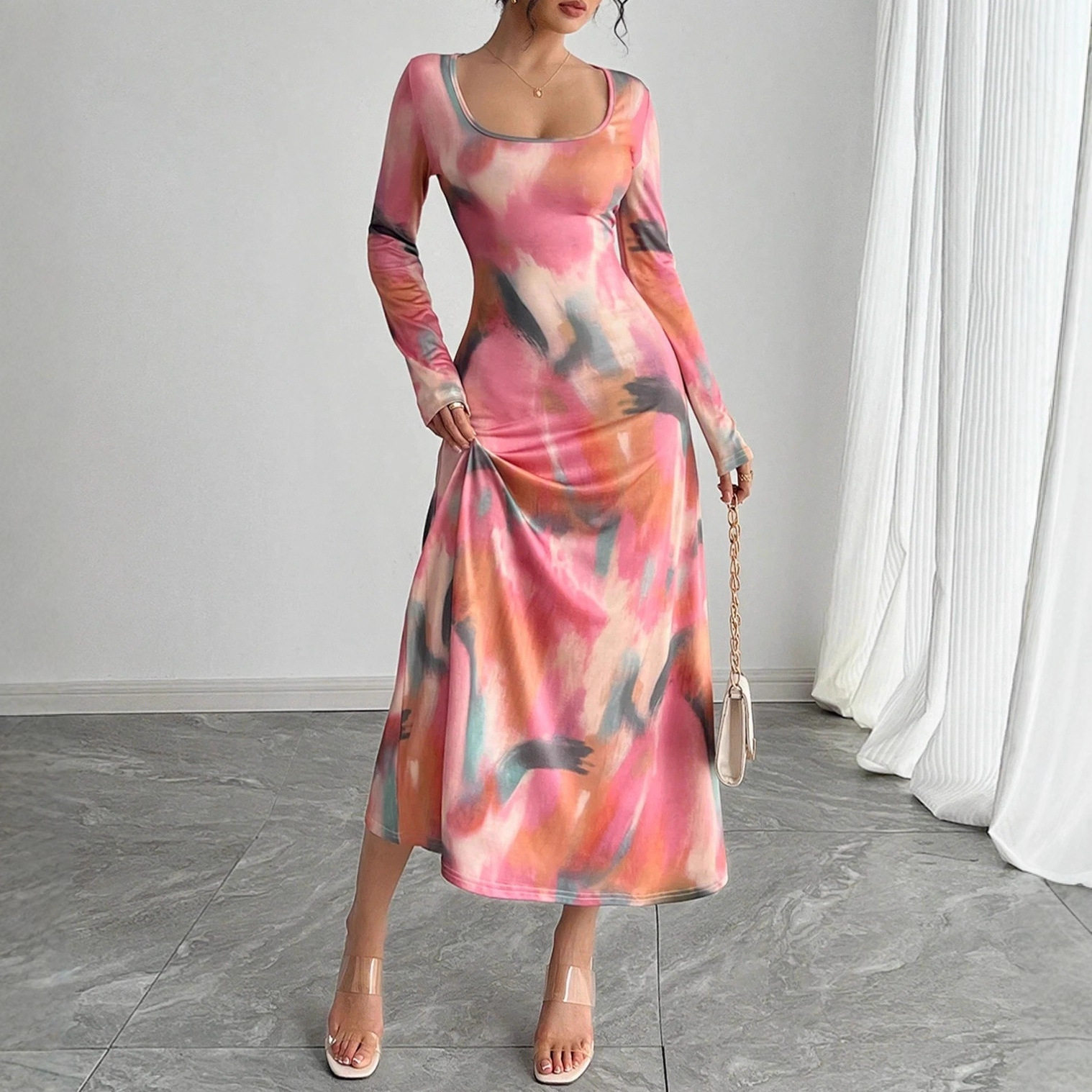 sexy dress欧美女装扎染圆领紧身喇叭裙修身优雅性感长袖连衣裙