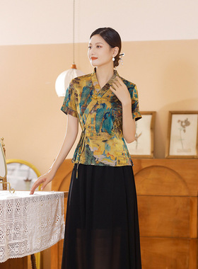 Qipao Tops Chinese Chipao 2025新款夏秋女上衣短款改良绸缎套装