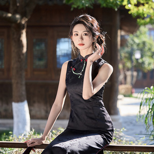 无袖 qipao 复古老 dress黑色旗袍新款 chinese cheongsam women
