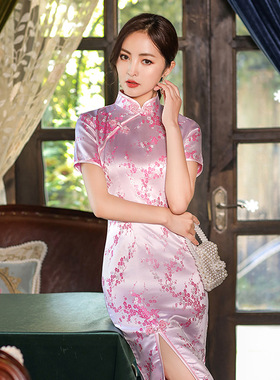 cheongsam long qipao dress chipao2025春季新款短袖长款织锦缎