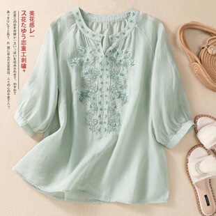 Women Shirt Three Quarter VNeck 外贸复古衬衫 Sleeves 女Flower