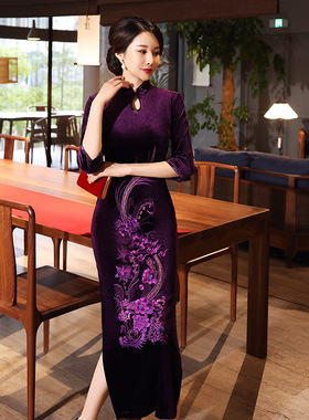 旗袍cheongsam qipao chinese dress chipao新款金丝绒复古改良