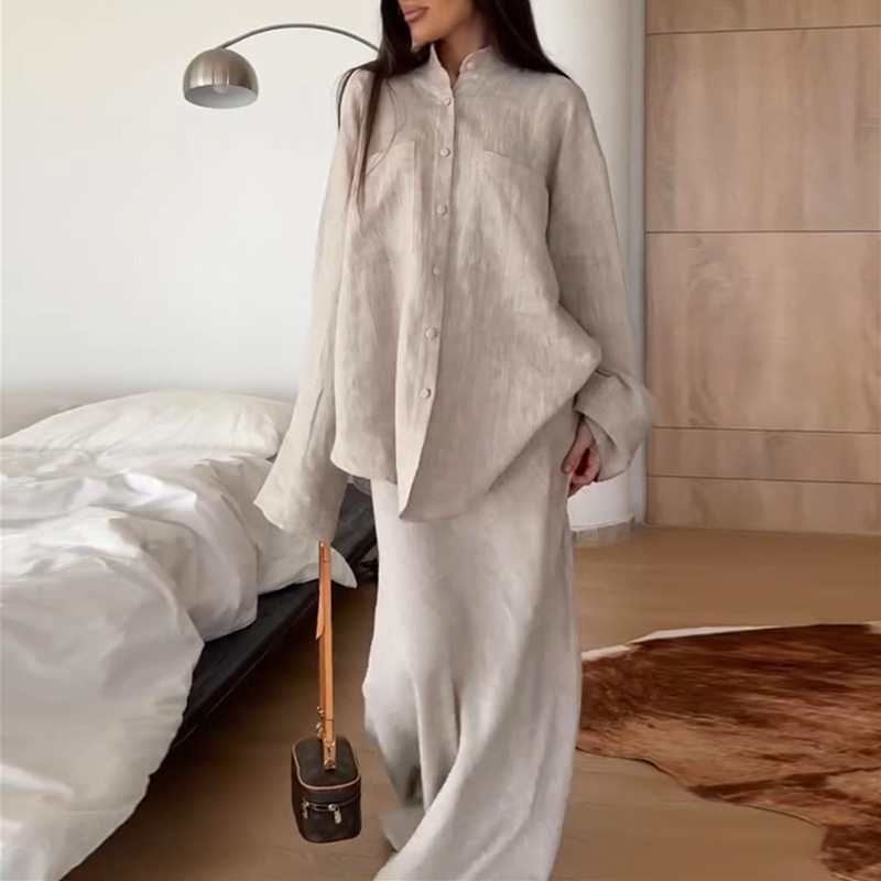 2026新款纯色宽松长袖衬衫高腰半身裙Women's Shirts Skirts Suit