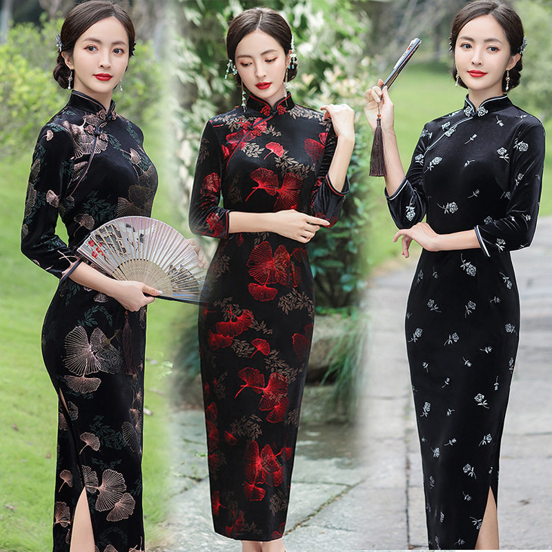 Qipao Chinese traditional dress2025秋冬新款丝绒中袖旗袍妈妈