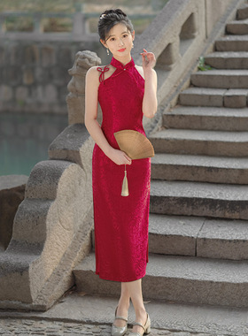 cheongsam chinese traditional qipao dress旗袍红色挂脖新中式