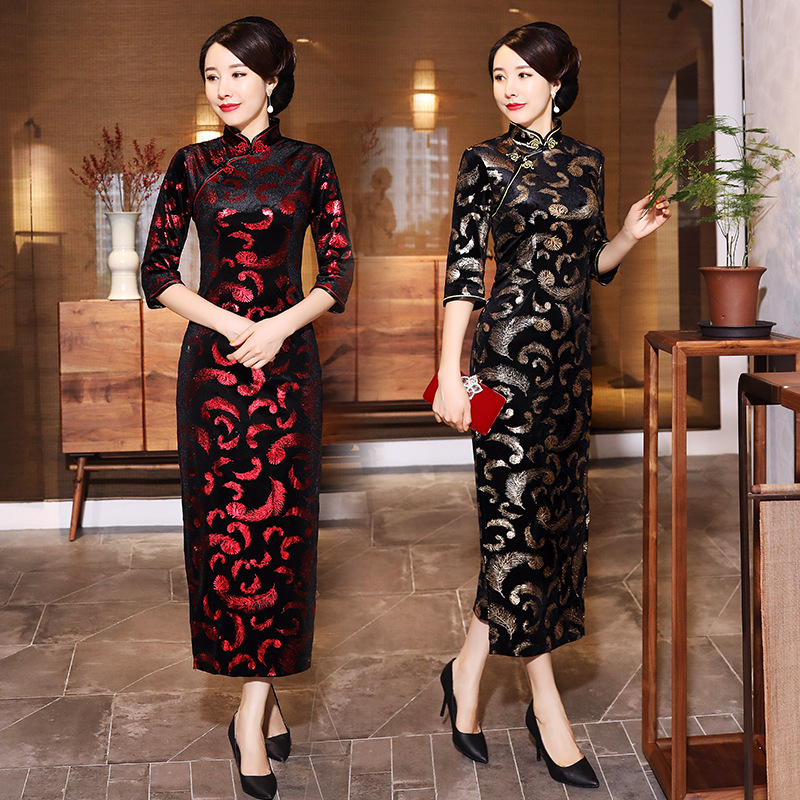 旗袍cheongsam qipao chinese dress chipao秋冬金丝绒旗袍长款