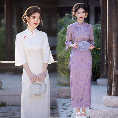 cheongsam chinese traditional qipao dress旗袍白色倒大袖江南