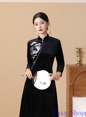 Chinese Cheongsam Dress Chipao Qipao秋冬新款丝绒中国风旗袍黑
