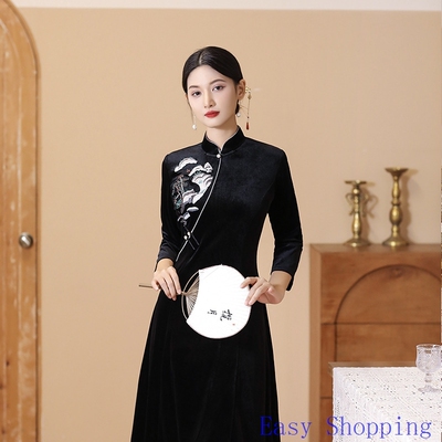 Chinese Cheongsam Dress Chipao Qipao秋冬新款丝绒中国风旗袍黑