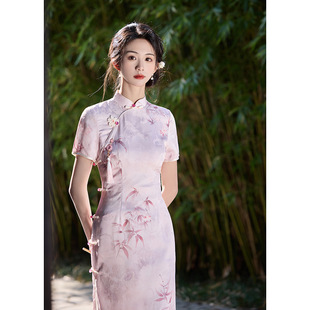 chinese qipao cheongsam women 改良粉色提花旗袍 dress新中式