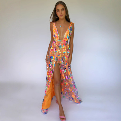 women dress new dresses vestidos robe热卖深v露背亮片碎花系带