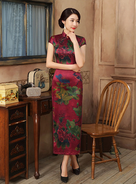 长旗袍Long Qipao Women Elegant Cheongsams Satin Vestidos