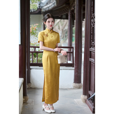 旗袍cheongsam chinese traditional qipao dress送考黄色旗袍