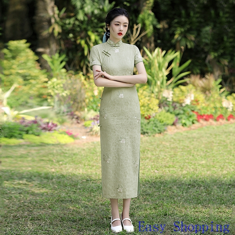 Cheongsam Chipao Qipao2025春季新品绿色三分袖立领改良版修身收